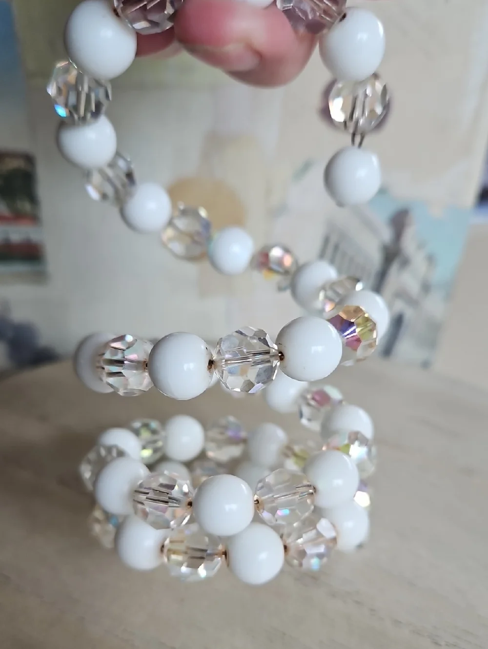 Vintage White and Aurora Borealis Crystal Beaded Memory Wire Bracelet - Picture 3 of 6